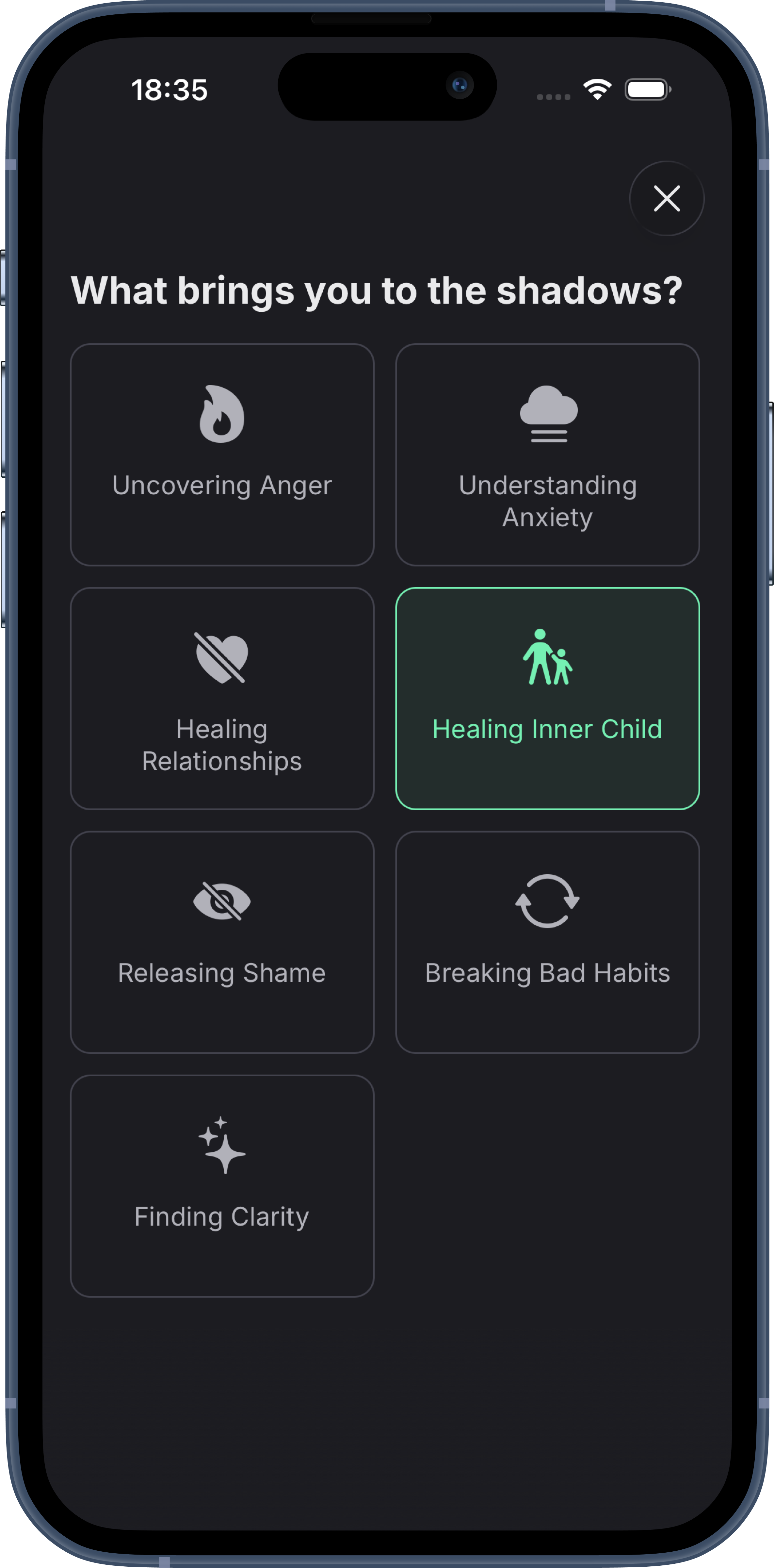 Umbra app — shadow work journal intent selection screen